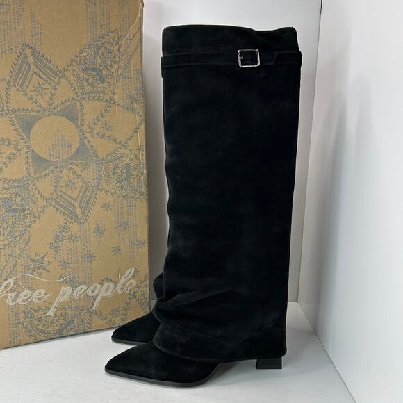 New Free People Felicity Foldover Suede Pull On Boot Black Women's 9.5 NWB - Picture 3 of 11